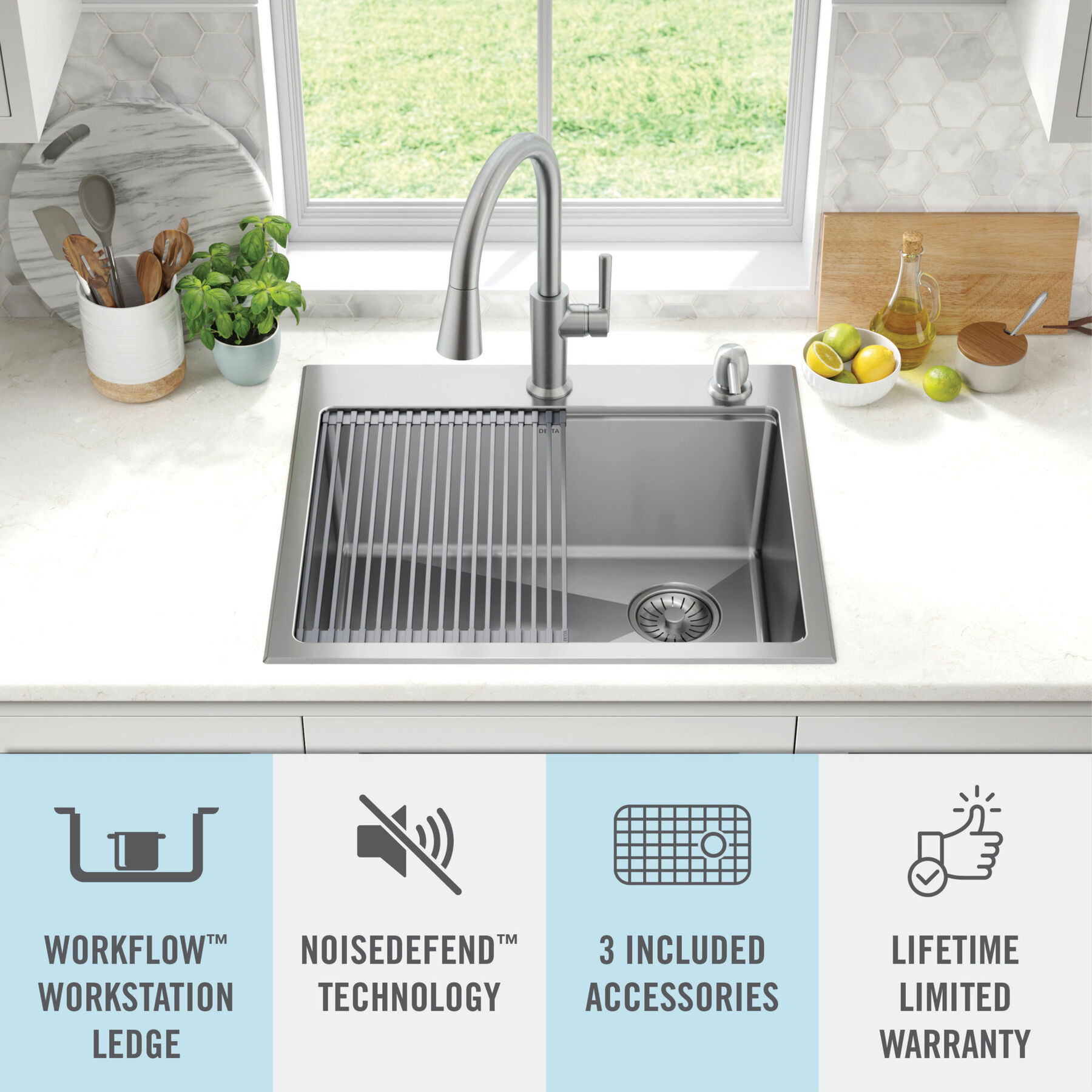 25” Stainless Steel Workstation Kitchen Sink Drop-In Undermount Single Bowl with WorkFlow™ Ledge and Accessories, image 16